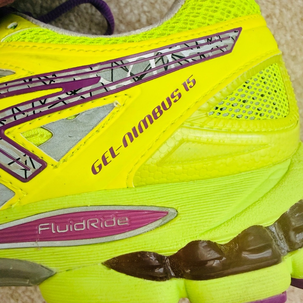 ASICS Women's Gel Nimbus 15 Neon Yellow and Purple Running Shoes 🦄 - Picture 3 of 5